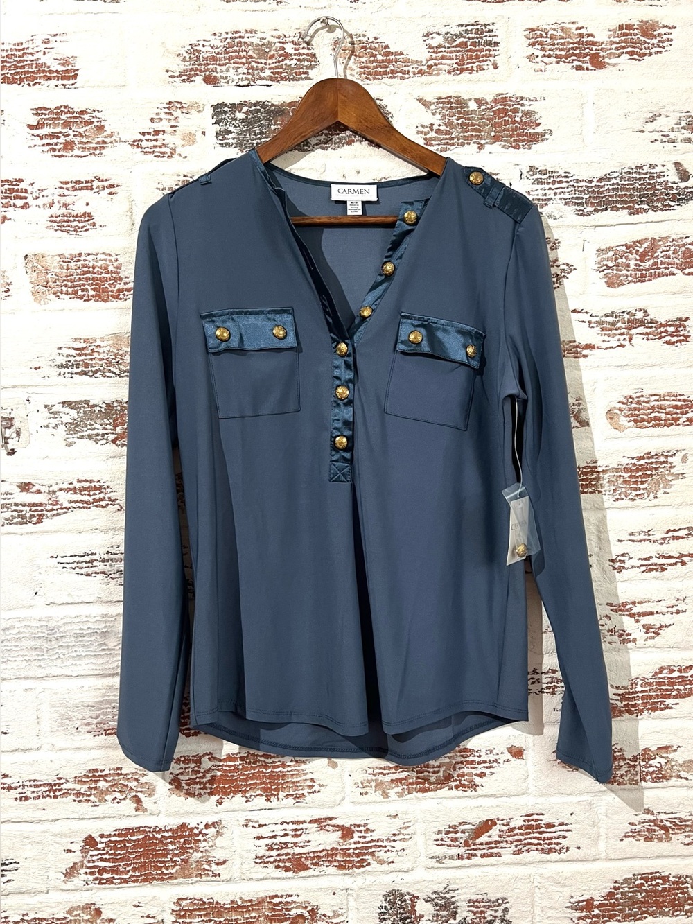 CARMEN Carmen Marc Valvo Blouse Gray Blue Military Utility Button Sz M